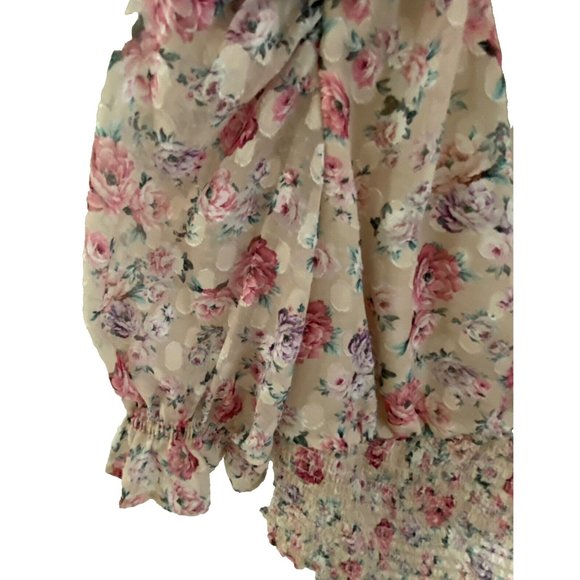 Express Floral Puff Sleeve Smocked V-Neck Cropped Top Coquette Cottagecore SM - Picture 7 of 16